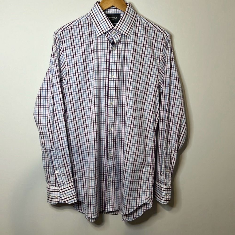 BONOBOS Men’s Slim Fit Professional Dress Shirt 16 | 35 Plaid Purple Blue White